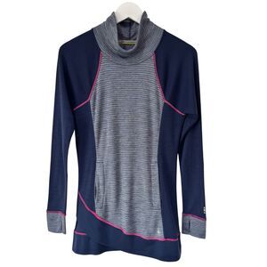 Smartwool Merino Wool Knit Top Blue Long Sleeve Mock Thumbholes Pocket Small EUC